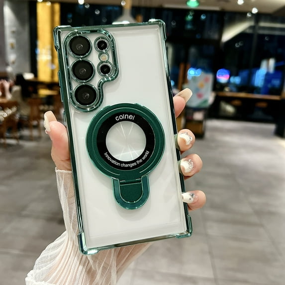 Clear Back Plating Case for Samsung Galaxy S22 Plus - Stylish Design with Ring Kickstand and Lens Protector Wireless Charging Anti-scratch Case Cover Compatible with Galaxy S22 Plus, Darkgreen