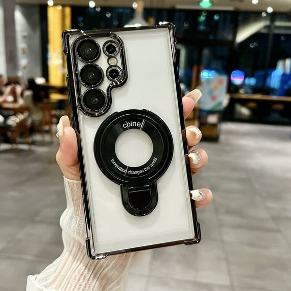 Clear Back Plating Case for Samsung Galaxy S22 Ultra - Stylish Design with Ring Kickstand and Lens Protector Wireless Charging Anti-scratch Case Cover Compatible with Galaxy S22 Ultra, Black