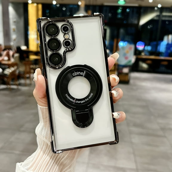 Clear Back Plating Case for Samsung Galaxy S23 Plus - Stylish Design with Ring Kickstand and Lens Protector Wireless Charging Anti-scratch Case Cover Compatible with Galaxy S23 Plus, Black