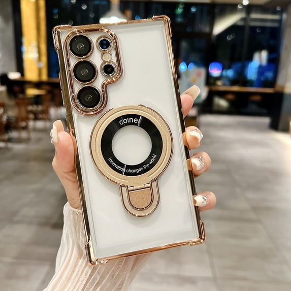 Clear Back Plating Case for Samsung Galaxy S23 Ultra - Stylish Design with Ring Kickstand and Lens Protector Wireless Charging Anti-scratch Case Cover Compatible with Galaxy S23 Ultra, Gold