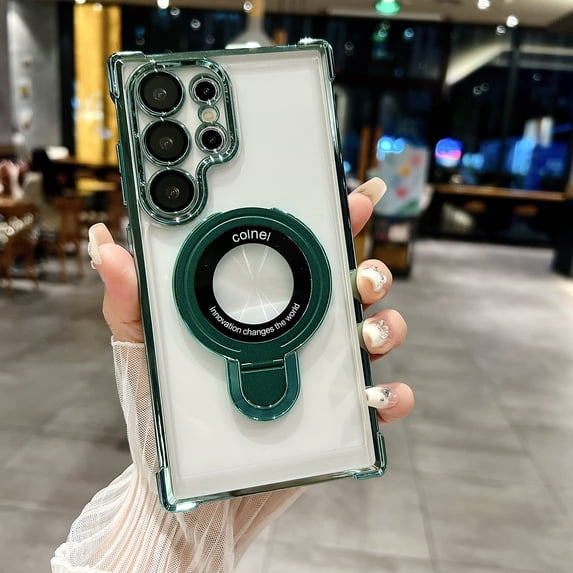 Clear Back Plating Case for Samsung Galaxy S24 - Stylish Design with Ring Kickstand and Lens Protector Wireless Charging Anti-scratch Case Cover Compatible with Galaxy S24, Darkgreen