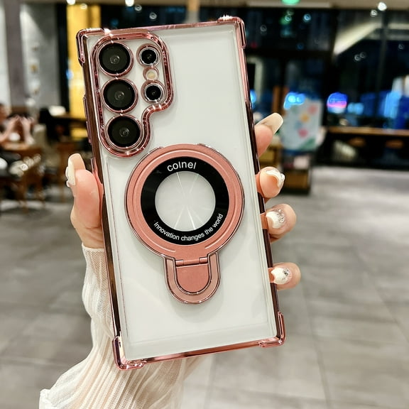 Clear Back Plating Case for Samsung Galaxy S25 - Stylish Design with Ring Kickstand and Lens Protector Wireless Charging Anti-scratch Case Cover Compatible with Galaxy S25, Pink