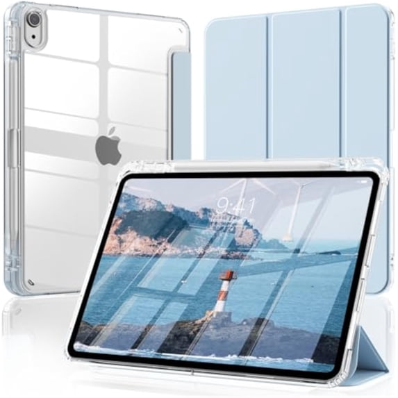 Clear Back Trifold Stand Cover for iPad Air 11" M2/M3/M4 & Air 4/5 10.9", Slim Smart Case with Apple Pencil Slot Auto Sleep Wake, Sky Blue