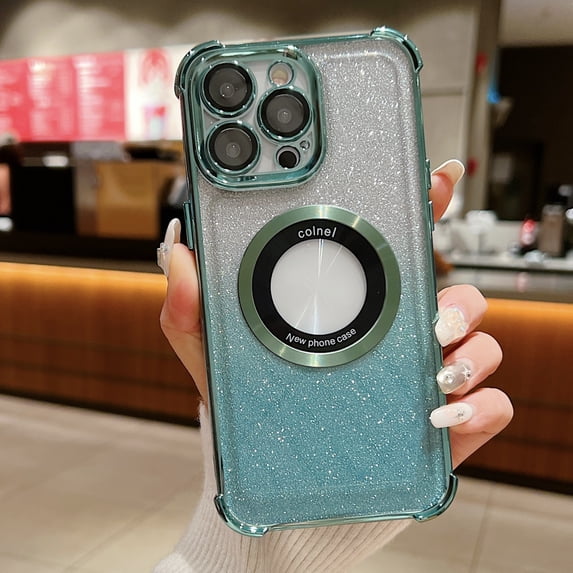 Clear Back for iPhone 11 Case - Stylish Plating with Gradient Glitter Paper and Lens Protector Wireless Charging Anti-yellow Anti-slip Compatible with MagSafe for iPhone 11, Green