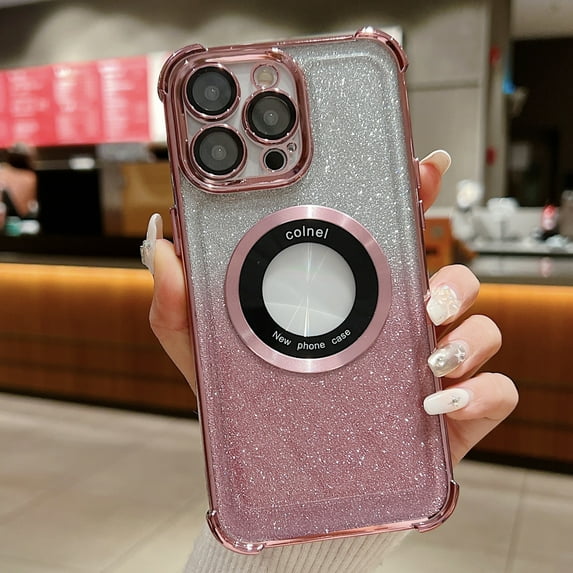Clear Back for iPhone 14 Plus Case - Stylish Plating with Gradient Glitter Paper and Lens Protector Wireless Charging Anti-yellow Anti-slip Compatible with MagSafe for iPhone 14 Plus, Pink