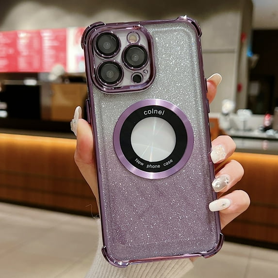 Clear Back for iPhone 15 Pro Max Case - Stylish Plating with Gradient Glitter Paper and Lens Protector Wireless Charging Anti-yellow Anti-slip Compatible with MagSafe for iPhone 15 Pro Max, Darkpurple