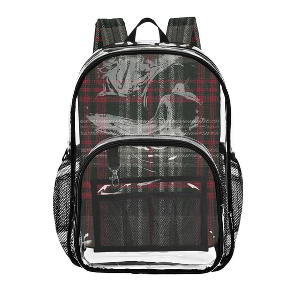 Clear Backpack 12L Large Capacity Transparent Waterproof Dark Green&red Tartan Pattern