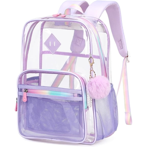 Clear Backpack, Clear Bags Heavy Duty See Through Backpack with Multi-Pockets for School Students Work Travel 3Pcs (Clear Bag Purple)