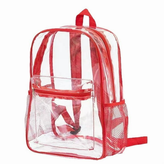 Clear Backpack Flexible PVC Transparent Bookbag Large Capacity Clear Rucksack Multiple Pockets Transparent Bag with Reinforced Straps See-Through Backpack red