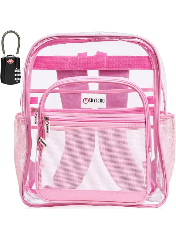 Clear Backpack For Work and School XL (32 L) | TSA Lock | 2-WAY Zip | Transparent PVC | H18" x W14" x D8" | Pink Rhino