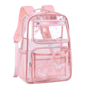 Clear Backpack for Girls Kids Elementary Bookbags Transparent Stadium Approved Travel Daypack See Through Middle College School Bag Large Laptop Backpack for Women Teens Students (Pink)