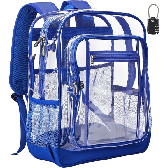 Clear Backpack Heavy Duty - Clear Backpacks with TSA Lock Transparent See Through Bookbag for School, Work, College, Travel - Blue