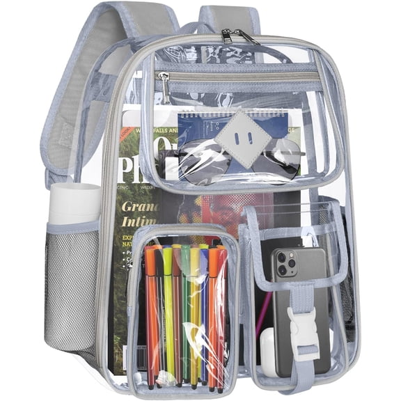 Clear Backpack Heavy Duty Large PVC Transparent See Through Backpacks Work Travel Stadium Approved Festival Backpack (Grey)
