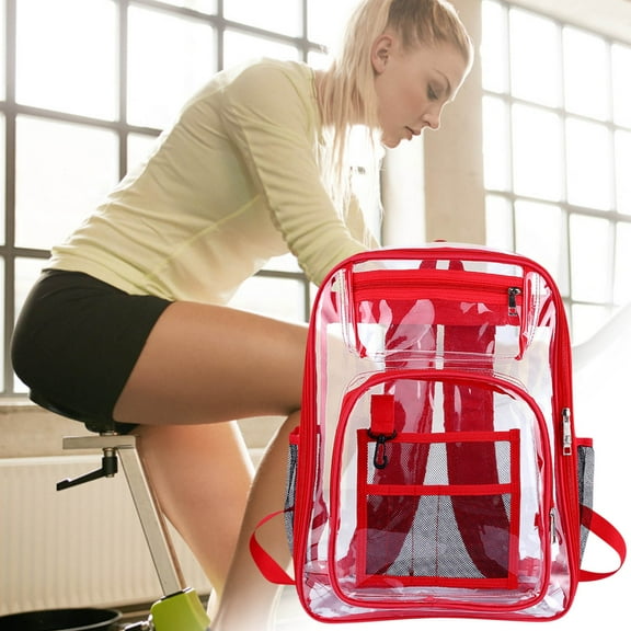 Clear Backpack, Heavy Duty PVC Transparent Backpack with Reinforced Straps, See Through Multiple Pockets Large Capacity Bookbag for Concert Sport Event Work Security Travel Festival (Red)