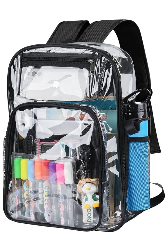 Clear Backpack, Heavy Duty PVC Transparent Backpack Stadium approved with Reinforced Strap School Bookbag for School, Workplace, Stadium, Travel, Security, Festival, College (Black)