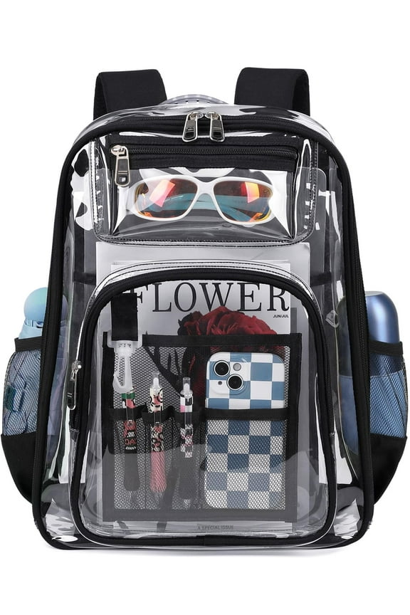 Clear Backpack Heavy Duty TPU Transparent Backpack Stadium Approved Large Waterproof Clear Book Bag Quick Security Check See Through Backpack with Reinforced Straps, Black