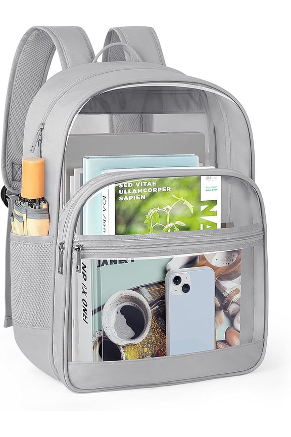 Clear Backpack, Heavy Duty Transparent Bookbag for School, Fabric & PVC Transparent Backpack with Reinforced Strap for Women Men, Capacity Clear Bag for College, Travel, Security, Grey