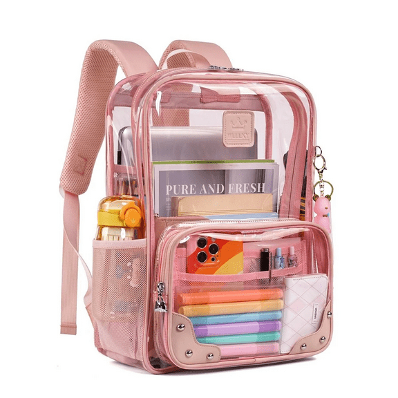 Clear Backpack Heavy Duty Transparent Laptop Backpacks 15.6 Inch See Through TPU Travel Daypack Large College Bookbag for Women Men Teens Girls Boys students-Pink