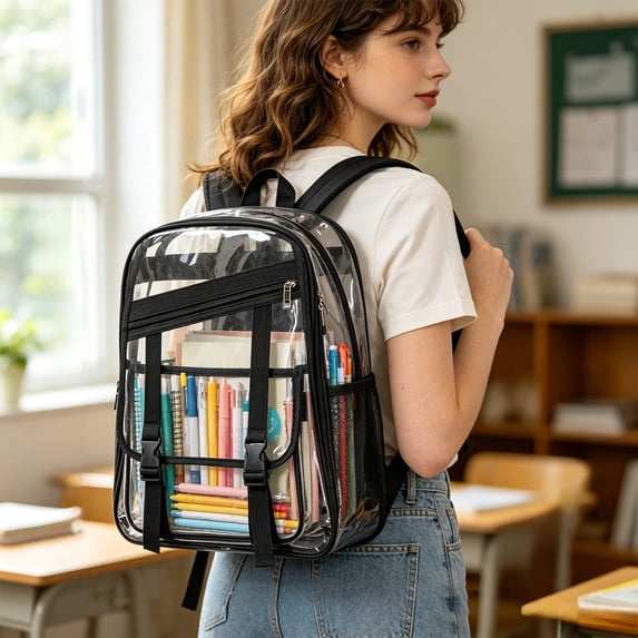 Clear Backpack, Heavy Duty Transparent PVC Backpack with Padded Straps, Stadium Approved See Through Bookbag for Travel, Work, and Daily Commute