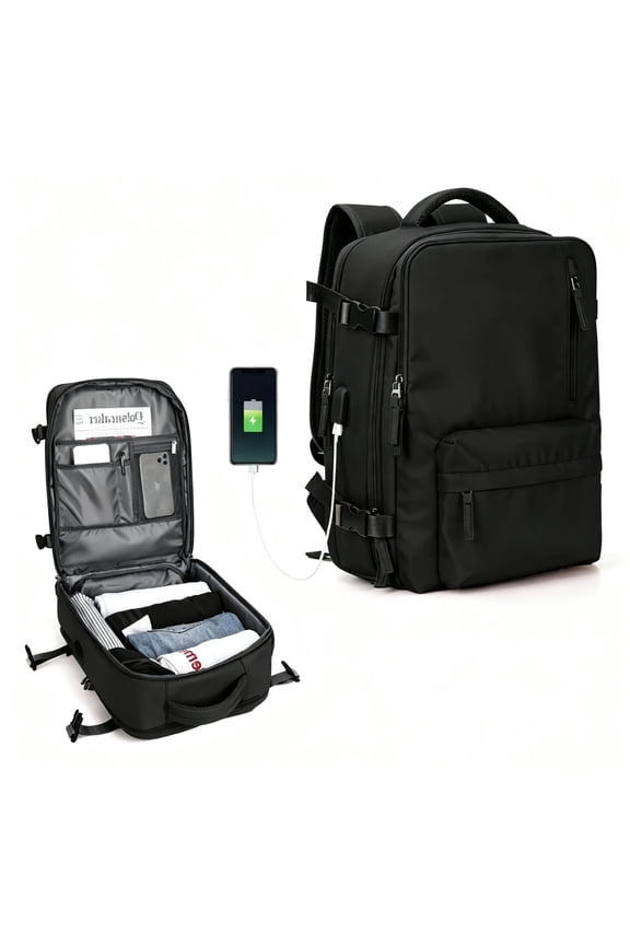 Backpack with USB Charging Port, Water Resistant Work Business Laptop Backpack, Airline Approved Carry On Bag for Man and Women, Black
