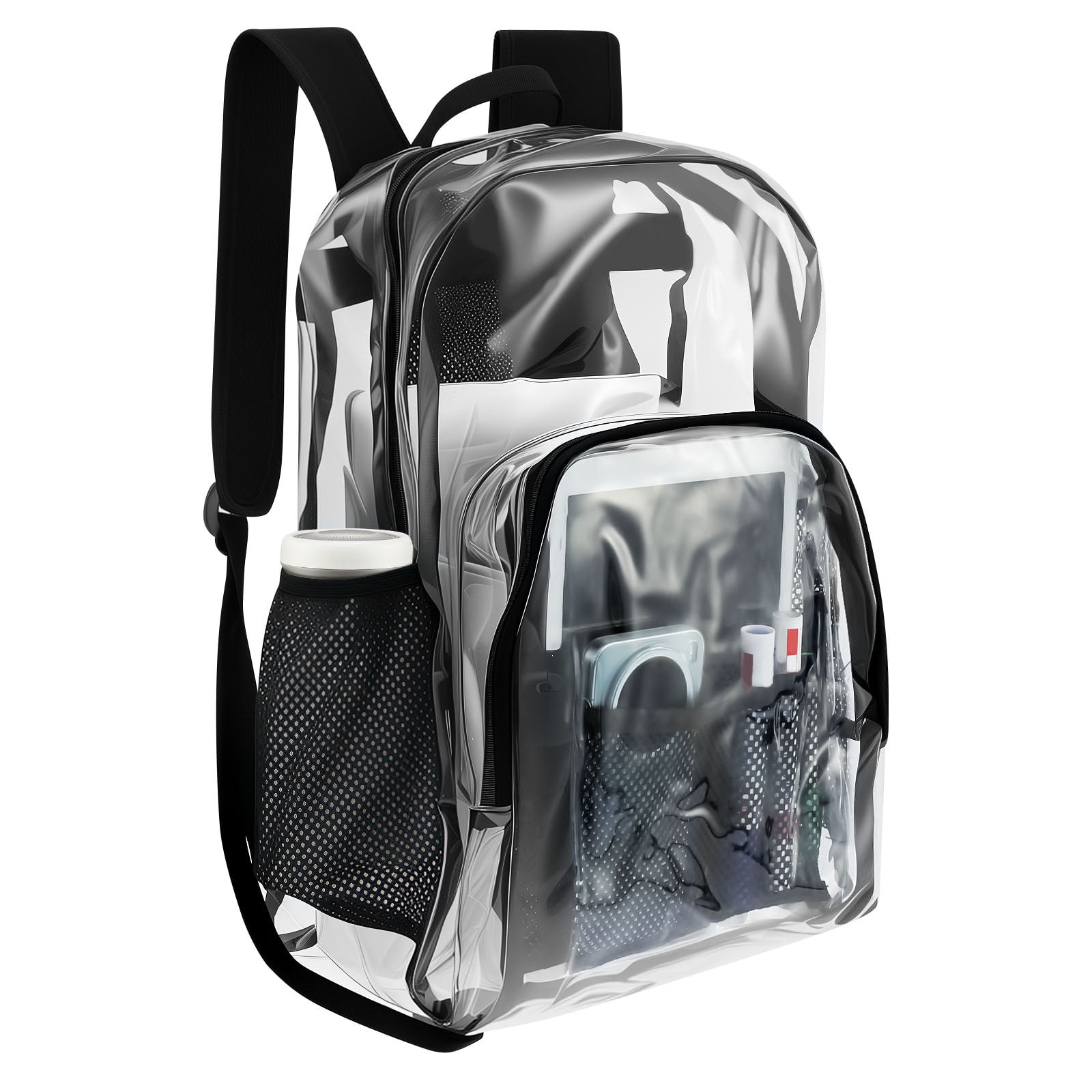 Sanmadrola Large Clear Backpack Heavy Duty Stadium Approved See Through Backpack Waterproof PVC Transparent Backpacks Clear Book Bag with Reinforced Strap for School Work Travel Festival, Black