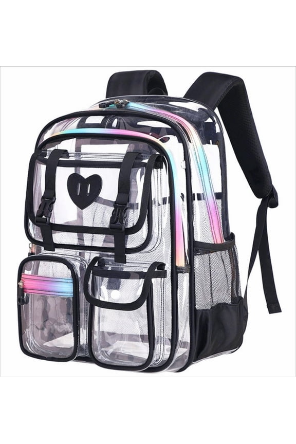 Clear Backpack, Purple Transparent PVC, Heart Zipper Pull, Multiple Pockets, Adjustable Padded Straps