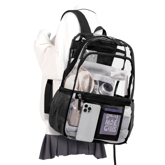 Black Clear Backpacks for School Women Men, Heavy Duty Transparent See Through Backpack, Waterproof Clear bookbag, Plastic Backpack for Stadium Events,Travel,Festival,Work,Concert