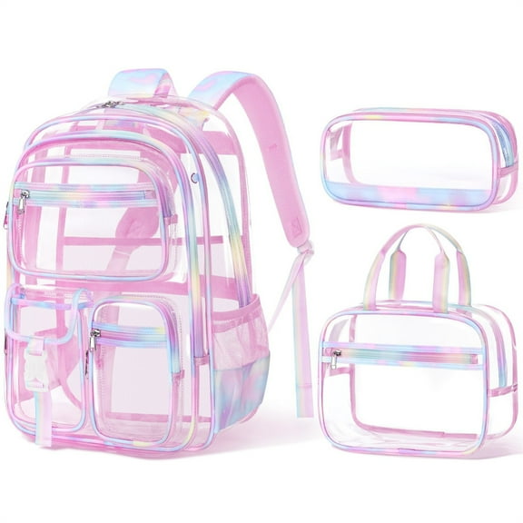 Clear Backpack for Girls, 3PCS Heavy Duty PVC Transparent Girls Backpack with Lunch Box & Pencil Case School Stadium Approved (Rainbow)