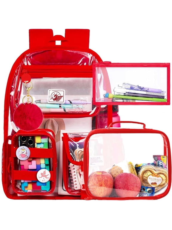 Clear Backpack for Girls Women, Heavy Duty PVC Transparent BookBag, Cute See Through School Bags for Teens Elementary - Red
