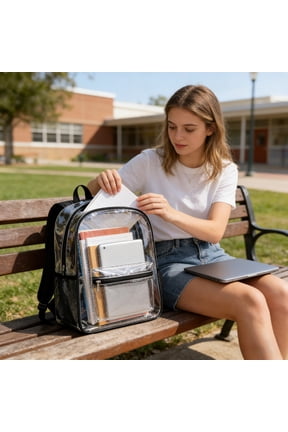 Clear Backpack for Sch-ool and Concert Security Approved, Transparent PVC Large Capacity Bookbag Fits 15 Inch Laptop, Stadium Ready Stu-dent Backpack
