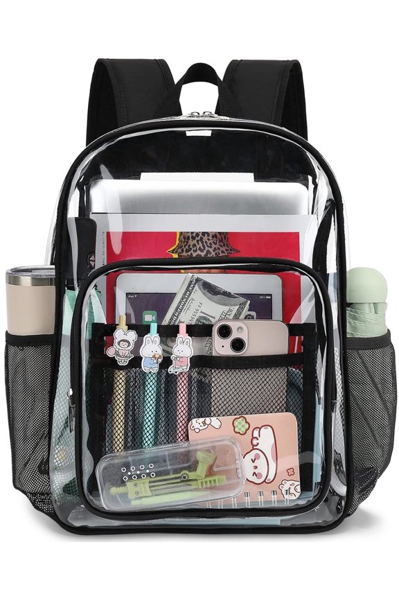 Clear Backpack for School Backpack Heavy Duty PVC Transparent Bookbag Stadium Approved See Through Backpack 17'' Black
