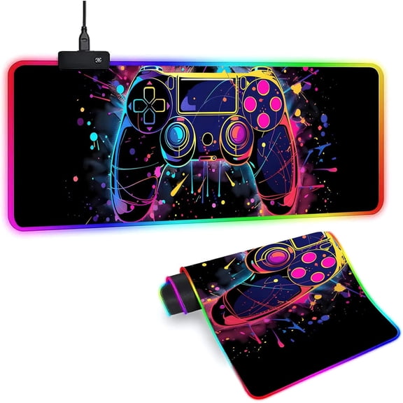 XL Led Gaming Mouse Pad with 14 Light Modes - Light Up Gamer Mouse Pad,31.5 x 11.8in Non-Slip Gamepad Style RGB Large Gamer Mousepad,Black Long Glowing Gaming Accessories for Desk,Waterproof