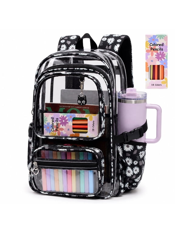 Clear Backpack for School, Large PVC Clear Book Bag Heavy Duty Stadium Colleges, Black