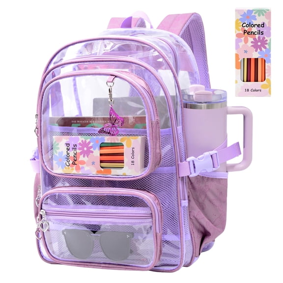 Clear Backpack for School, Large Transparent Book Bag Stadium Approved for Teens Women, Purple