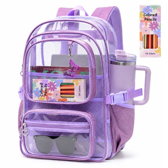 Clear Backpack for School, Large Transparent Book Bag Stadium Approved for Teens Women, Purple