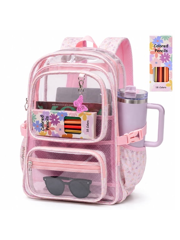 Clear Backpack for School, Large Transparent Book Bag with 15.6 Inch Laptop Sleeve, Heavy Duty Stadium Approved, Pink