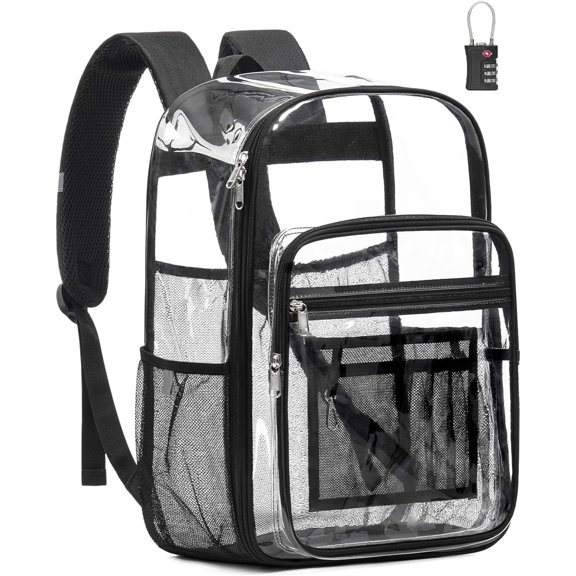 Clear Backpack with TSA Lock, Heavy Duty Transparent See Through Clear Bookbag for College, Work, Travel, Casual , Black