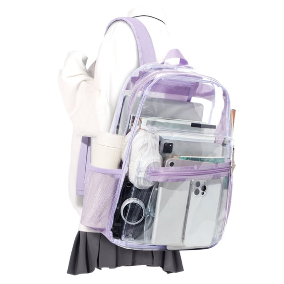 Clear Backpack for Women, Heavy Duty Transparent Waterproof PVC Backpack with Reinforced Strap & Large Capacity, for College Travel Workplace, Purple
