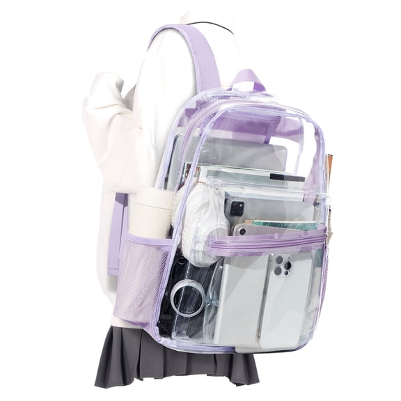 Clear Backpack for Women, Heavy Duty Transparent Waterproof PVC Backpack with Reinforced Strap & Large Capacity, for College Travel Workplace, Purple