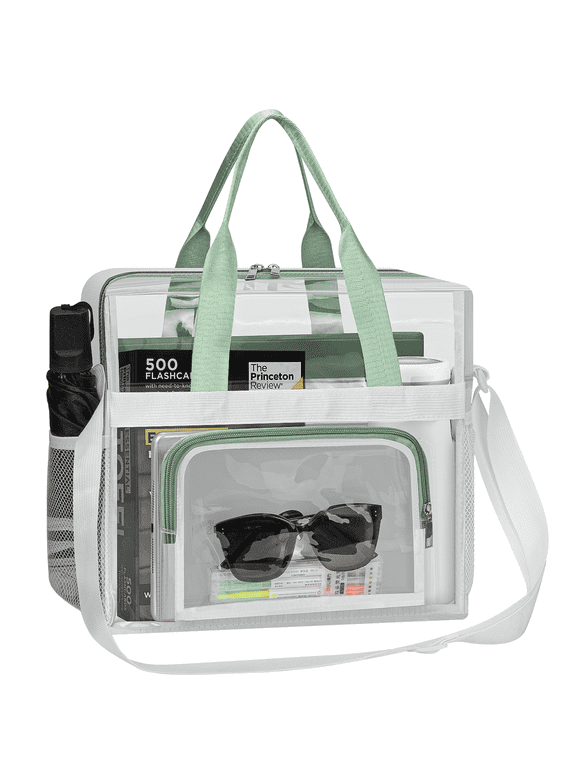 Clear Bag Stadium Approved 12x12x6, Clear Tote Bag with Reinforced Strap, 2 Side Pockets and Front Pocket, Transparent Tote Lunch Bag for Work, Sports Games Concerts Travel Security Festival, Green