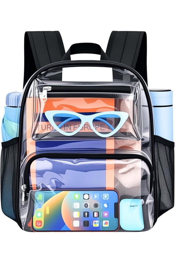 Clear Bag for Stadium Events, 12x6x12 Clear Backpack with Reinforced Strap, Stadium bag for Concerts Work Travel, Black