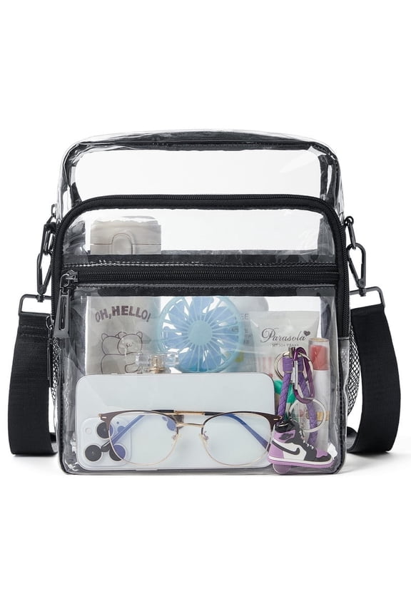 Unisex Clear Stadium Compliant 3-Zipper Pocket TPU Messenger Bag, Black
