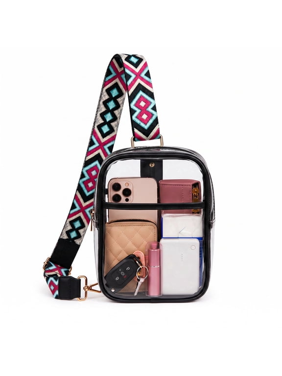 Clear Bag for Stadium Events, Clear Cross body Bag with Adjustable Strap, Small Concert Purse for Game Day Sports Festivals,Black