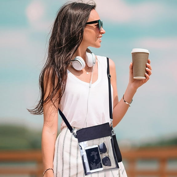 Clear Bag for Stadium Events, Clear Crossbody Bag, Shoulder Casual Crossbody Tote Wallet for Work Concert Sports, Clear Bags with Adjustable, Black