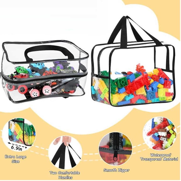 Clear Toy Storage Bags, Large Storage Totes, 12X8X4 In, Toy Organizer Bags, Blocks Holding, Playroom Display, Black Trim, Clear Organizers, 6 Set