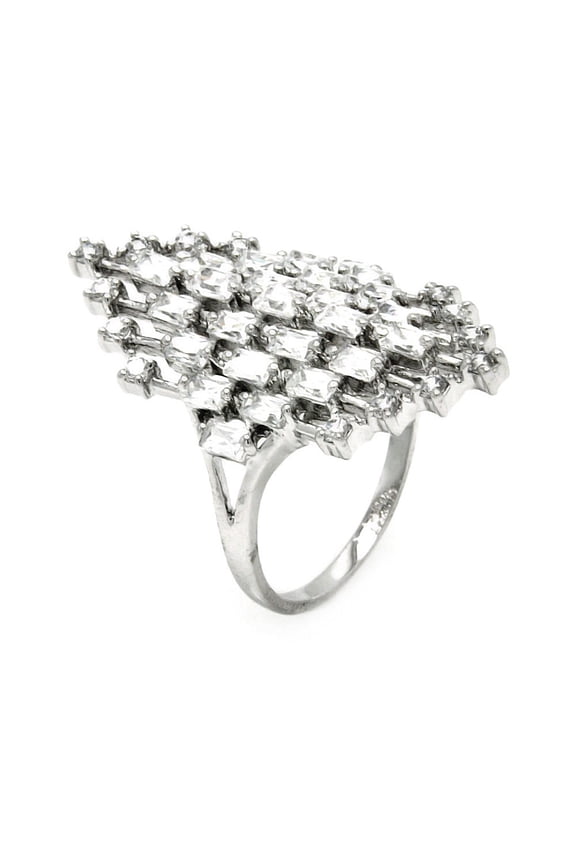 Clear Baguette And Round Cubic Zirconia Diamond Shaped Ring Rhodium Plated Sterling Silver Size 7