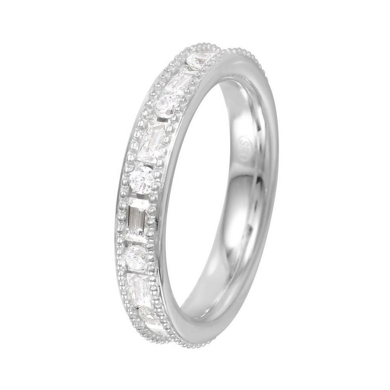 Clear Baguette Round Chanel Set Cubic Zirconia Beaded Edges Eternity Ring  Sterling Silver Size 7