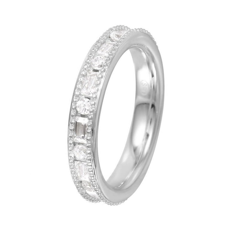 Clear Baguette Round Chanel Set Cubic Zirconia Beaded Edges Eternity Ring  Sterling Silver Size 8