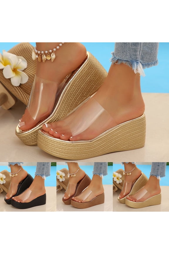 Clear Band Platform Sandals for Women Lightweight Slip on Espadrille Wedge Sandals Breathable Summer Slippers Black Size 9