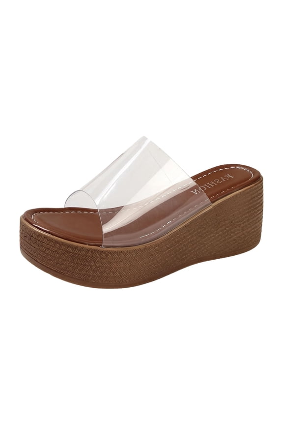 Clear Band Platform Sandals for Women Lightweight Slip on Espadrille Wedge Sandals Breathable Summer Slippers Brown Size 8.5